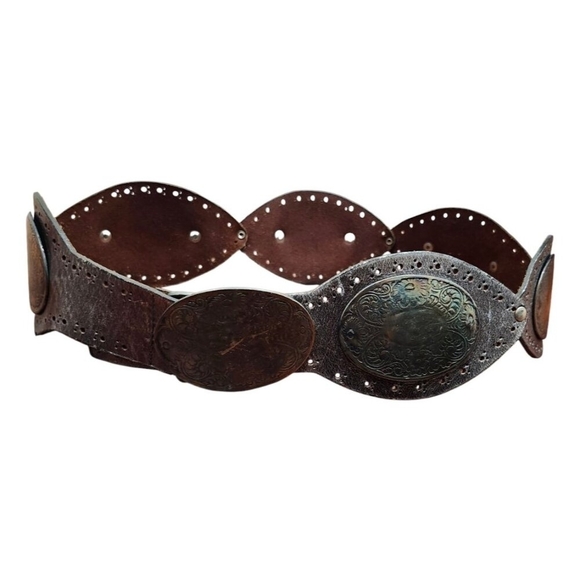 Vintage Avignon Silver Leather Embellished Metalwork Wide Belt size L Bohemian - Picture 2 of 15